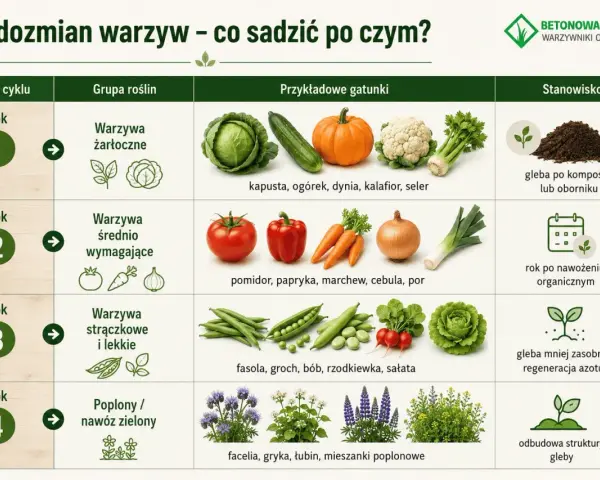 Płodozmian warzyw: po ogórkach (żarłocznych) siej warzywa średnio wymagające, strączkowe lub poplony.
