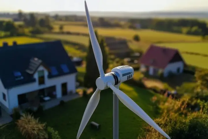 Nowoczesne turbiny wiatrowe domowe zapewniają czystą energię dla domów na tle zielonych pól i sielskiego krajobrazu.