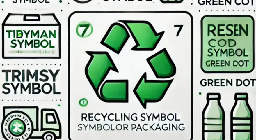 Centralny znak recyklingu na opakowaniach, otoczony innymi symbolami i butelkami.