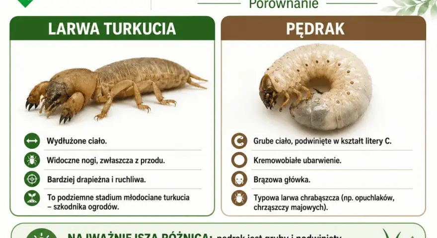 Porównanie larwy turkucia i pędraka. Larwa turkucia jest wydłużona i ruchliwa, pędrak gruby i zwinięty w C.