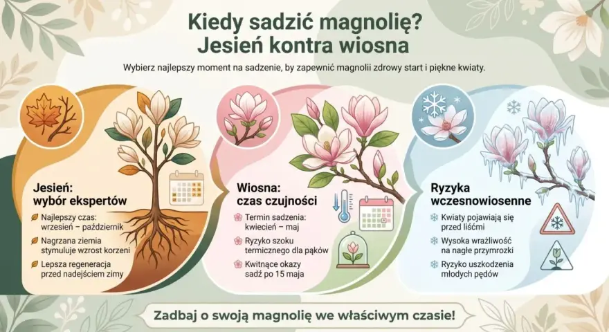Kiedy sadzić magnolię? Wiosną kwiecień-maj, ale jesień (wrzesień-październik) jest lepsza dla regeneracji korzeni. Unikaj przymrozków.