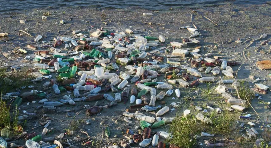 Brzeg rzeki zasłany plastikowymi butelkami i innymi śmieciami w wodzie. Smutny widok zanieczyszczenia.