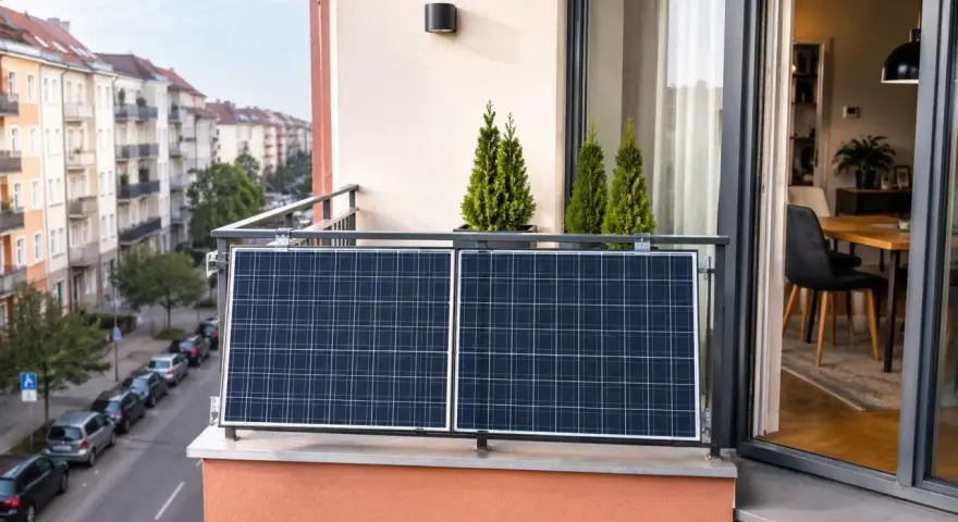 Dwa panele fotowoltaiczne na tarasie, z widokiem na ulicę i kamienice. Zielone tuje dodają uroku tej ekologicznej instalacji.