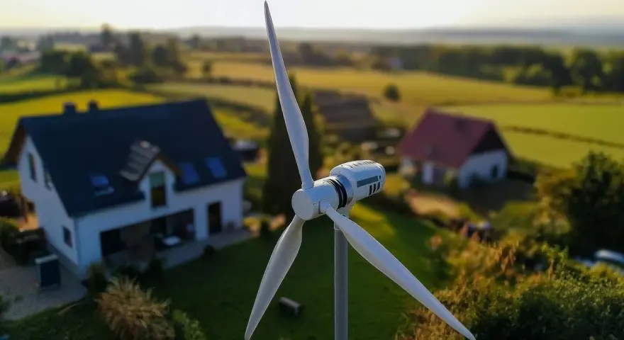 Nowoczesne turbiny wiatrowe domowe zapewniają czystą energię dla domów na tle zielonych pól i sielskiego krajobrazu.