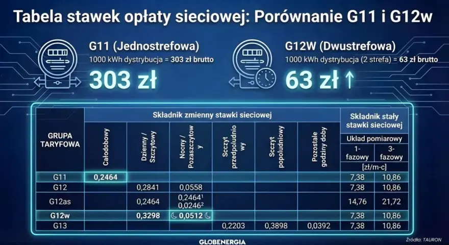 Porównanie taryf G11 i G12w dla fotowoltaiki: G11 kosztuje 303 zł, G12w 63 zł za 1000 kWh. Tabela pokazuje stawki.