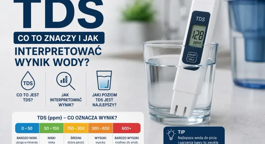 Miernik TDS w szklance wody pokazuje 128 ppm. Obok tabela interpretacji wyników TDS, wskazująca, że najlepsza woda do picia ma 50-300 ppm.