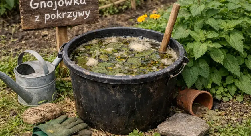 Gnojówka z pokrzywy gotowa do podlewania pomidorów. W czarnym wiadrze fermentują liście pokrzywy, obok konewka i rękawice ogrodnicze.