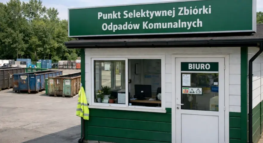Punkt selektywnej zbiórki odpadów komunalnych. Widać tu kontenery na śmieci, w tym potencjalny kosz na styropian.