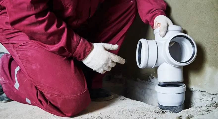 Instalator w czerwonym kombinezonie montuje białe rury kanalizacyjne. To część systemu odprowadzającego popłuczyny ze zmiękczacza wody.