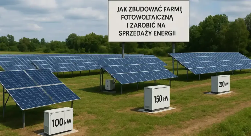 Rozległa budowa farmy fotowoltaicznej z rzędami paneli słonecznych i skrzynkami z oznaczeniami mocy. Tablica informuje o budowie farmy i sprzedaży energii.