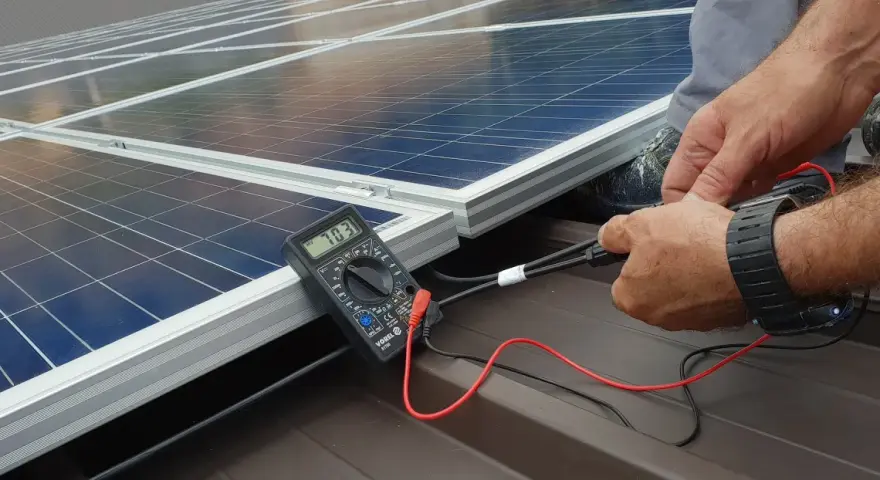 Instalator sprawdza napięcie paneli fotowoltaicznych. Dofinansowanie fotowoltaika dla firm ułatwia inwestycje w zieloną energię.