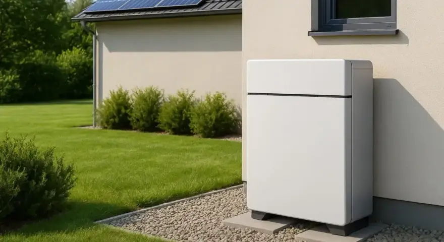 Nowoczesny magazyn energii do fotowoltaiki 10 kW stoi obok domu z panelami słonecznymi na dachu.