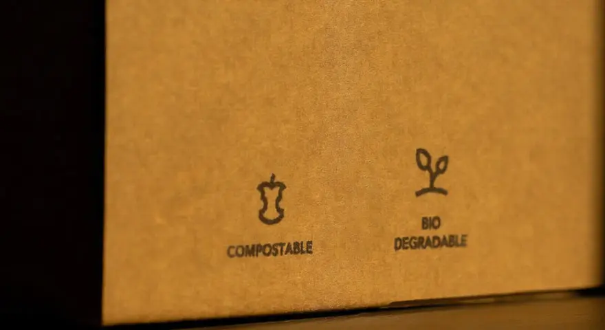 Na brązowym opakowaniu widnieje znak opakowanie biodegradowalne. Obok symbolu jabłka i napisu "COMPOSTABLE" znajduje się symbol kiełkującej rośliny z napisem "BIO DEGRADABLE".