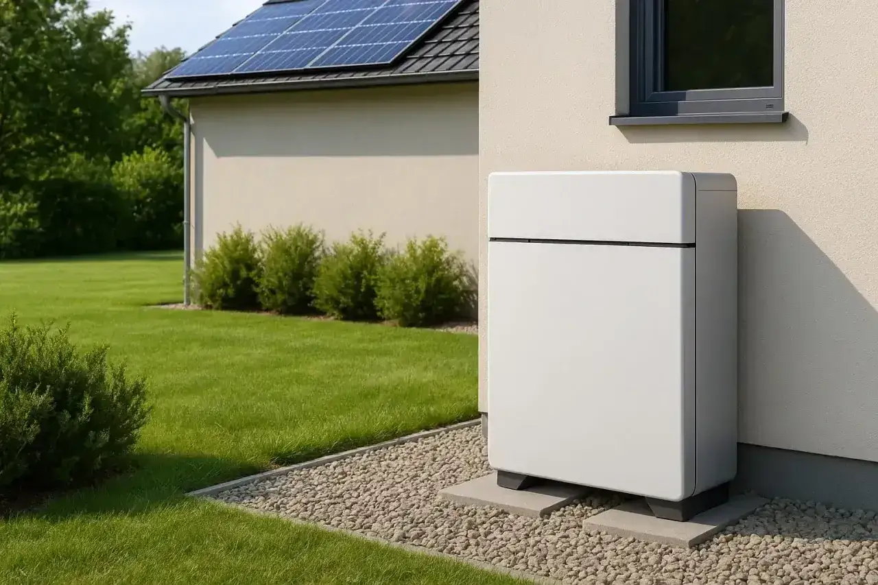 Nowoczesny magazyn energii do fotowoltaiki 10 kW stoi obok domu z panelami słonecznymi na dachu.