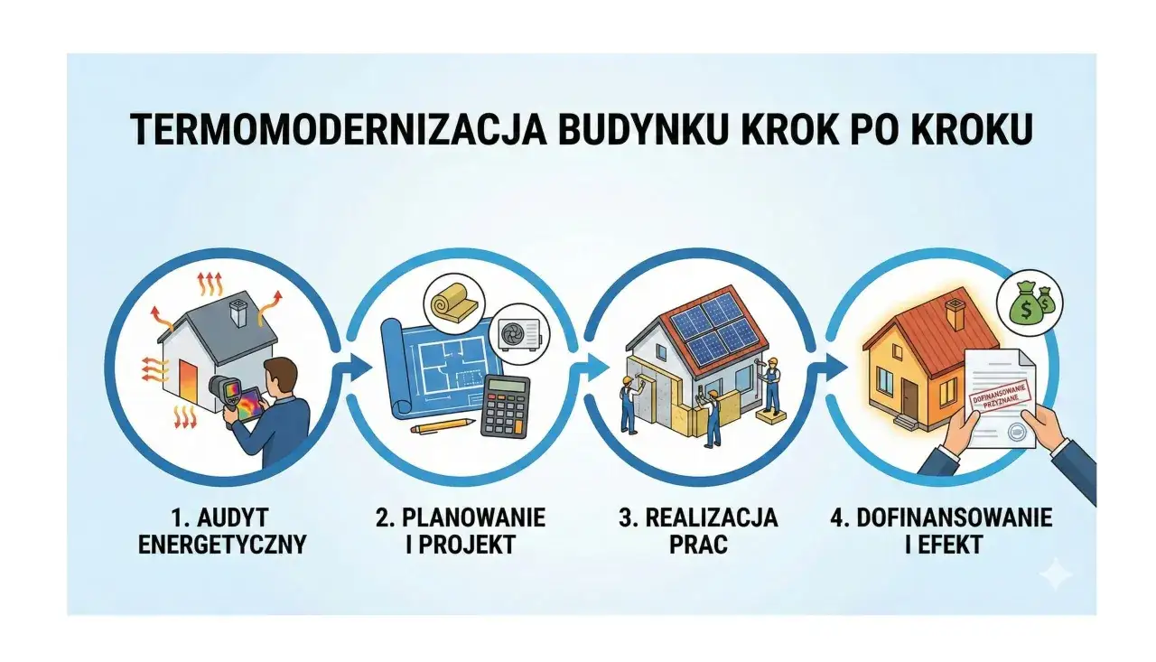 Schemat termomodernizacji budynku: audyt, planowanie, realizacja prac, dofinansowanie i efekt.