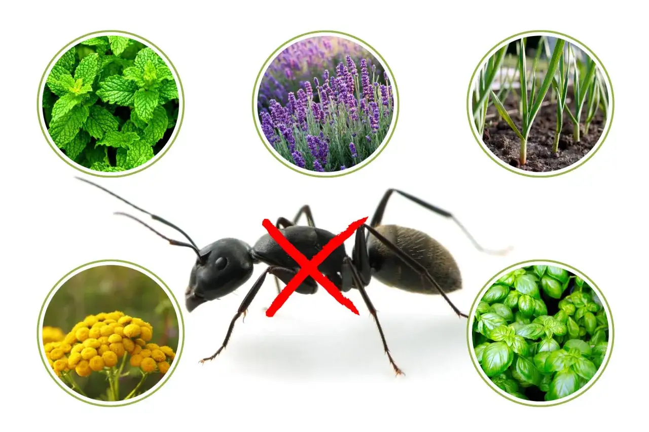 Naturalne sposoby na mr&oacute;wki: mięta, lawenda, czosnek, krwawnik, bazylia. Duży czarny mr&oacute;wka z czerwonym krzyżykiem.