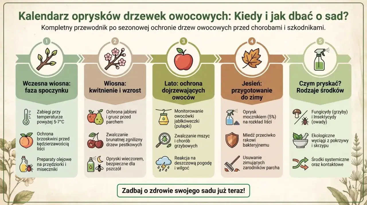 Kalendarz oprysk&oacute;w czereśni i innych drzew owocowych: od wczesnej wiosny do jesieni. Opisuje terminy zabieg&oacute;w i rodzaje środk&oacute;w.