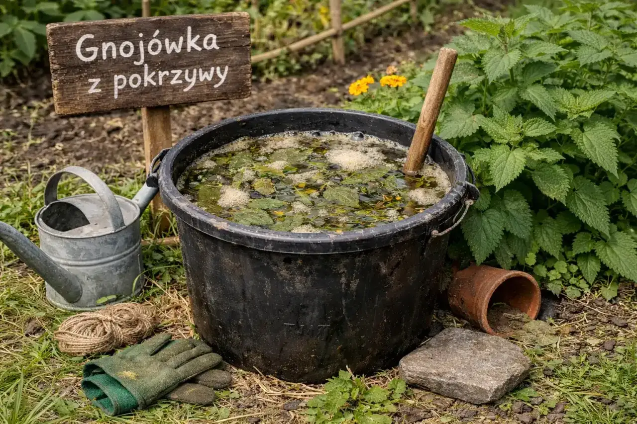 Domowy sposób na pokrzywy: duży czarny kocioł z gnojówką z pokrzywy, obok konewka, rękawice i sznurek.