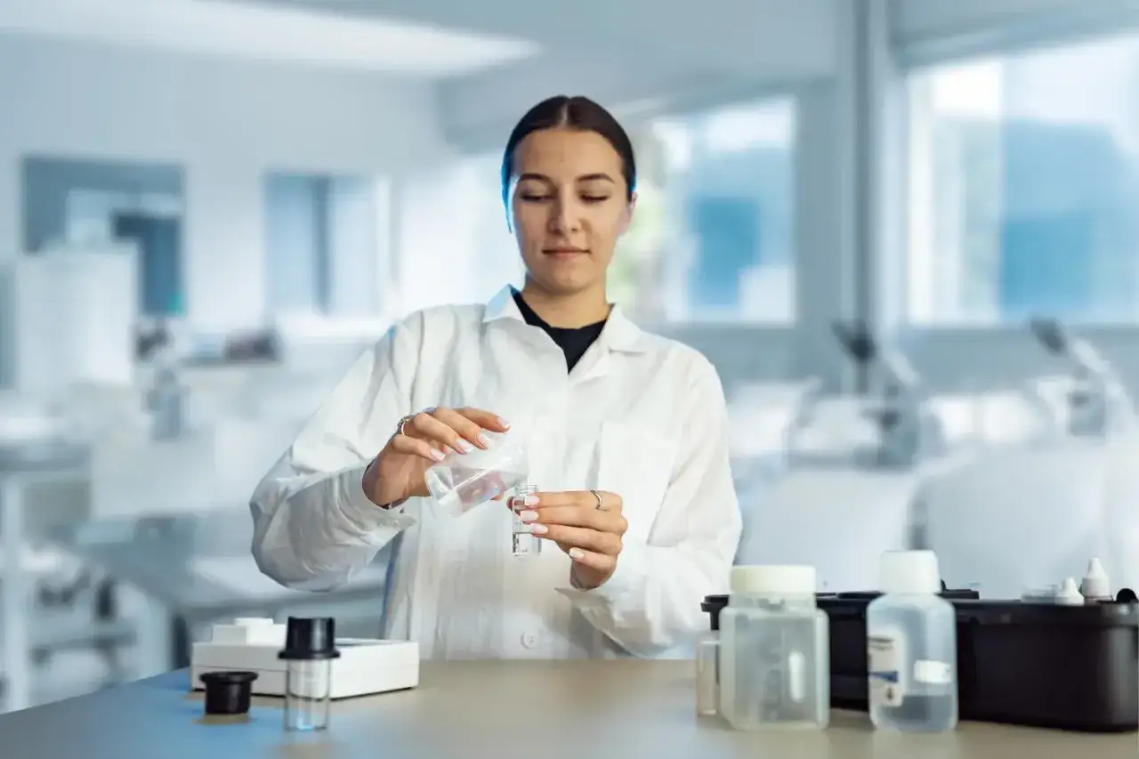 Naukowczyni analizuje skład chemiczny wody w laboratorium, przelewając płyn do prob&oacute;wki.