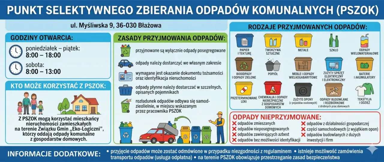 PSZOK to Punkt Selektywnego Zbierania Odpad&oacute;w Komunalnych. Dowiedz się, jakie odpady przyjmowane są w Błażowej i jakie są zasady korzystania.