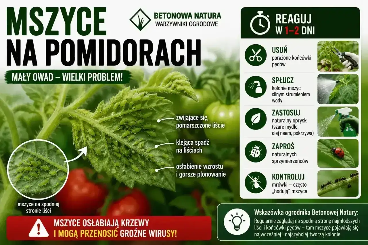 Mszyce na pomidorach żerują na liściach, powodując ich zwijanie i lepkość. Zwalczaj je szybko, by uratować plony.