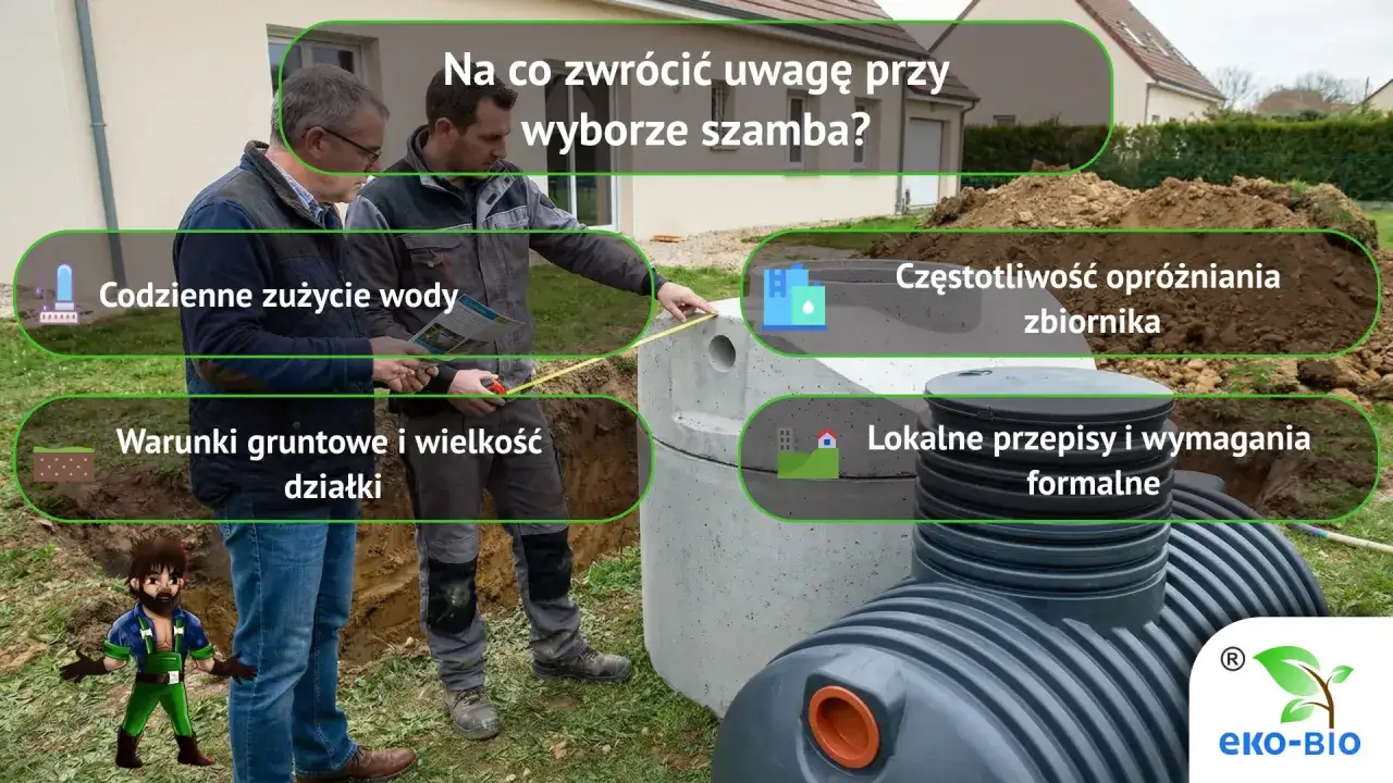 Wyb&oacute;r szamba dla 5-osobowej rodziny: codzienne zużycie wody, warunki gruntowe, częstotliwość opr&oacute;żniania i przepisy.