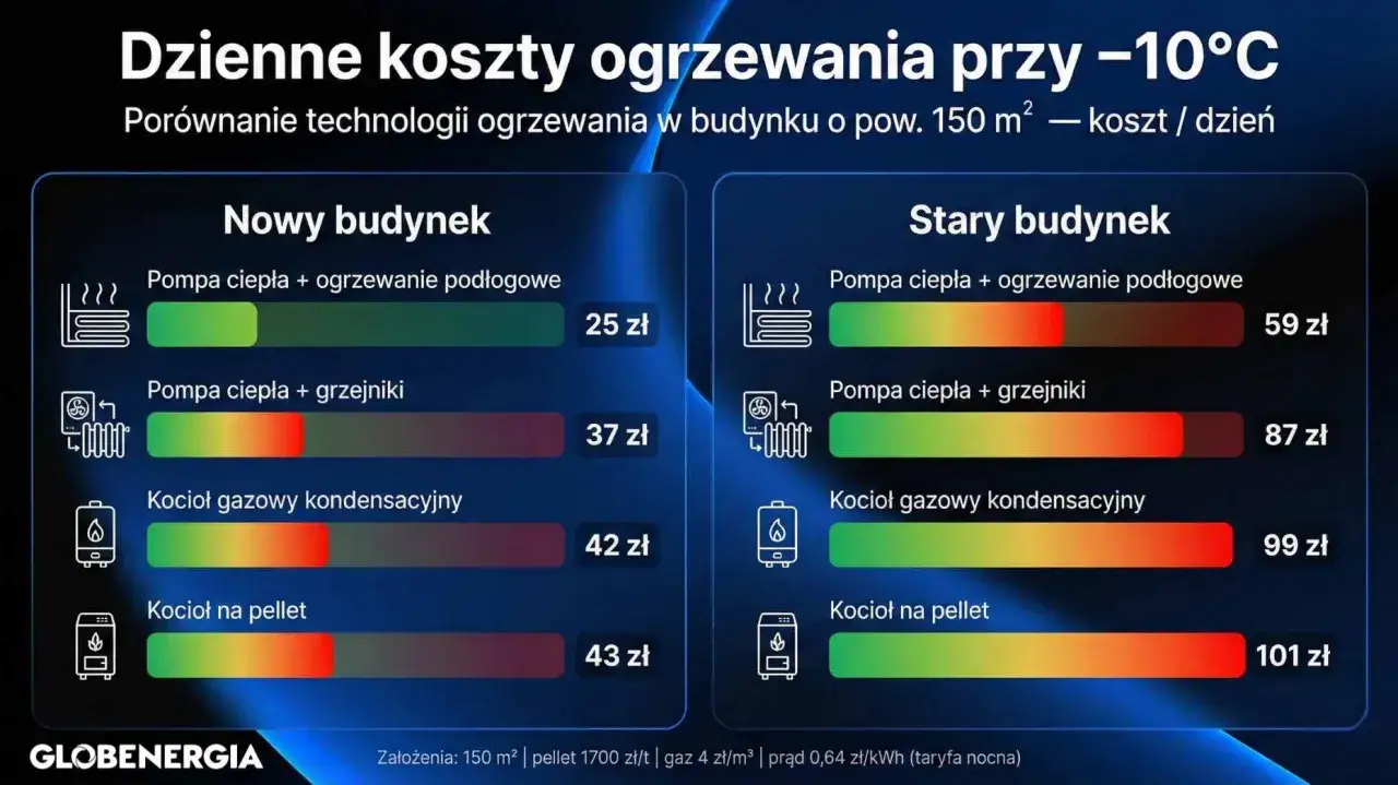 Porównanie dziennych kosztów ogrzewania przy -10°C dla budynku 150 m². Pompa ciepła to najtańsza opcja, znacząco obniżająca koszty ogrzewania.