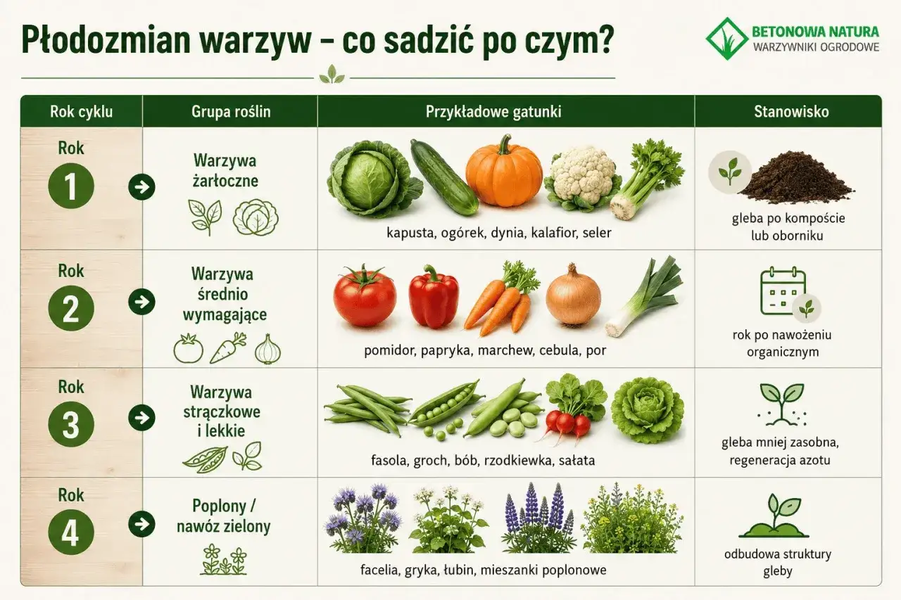 Płodozmian warzyw: po ogórkach (żarłocznych) siej warzywa średnio wymagające, strączkowe lub poplony.