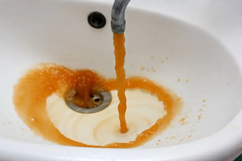 Brązowa woda z kranu, prawdopodobnie z powodu manganu w wodzie pitnej, tworzy rdzawy osad w białej umywalce.
