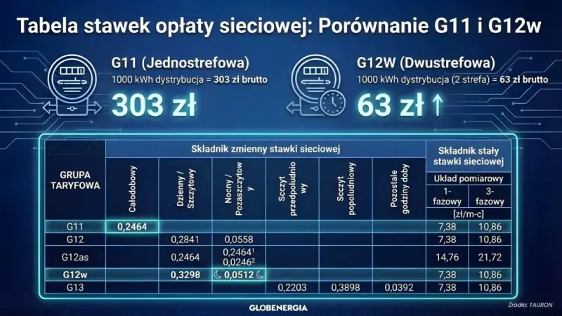 Porównanie taryf G11 i G12w dla fotowoltaiki: G11 kosztuje 303 zł, G12w 63 zł za 1000 kWh. Tabela pokazuje stawki.