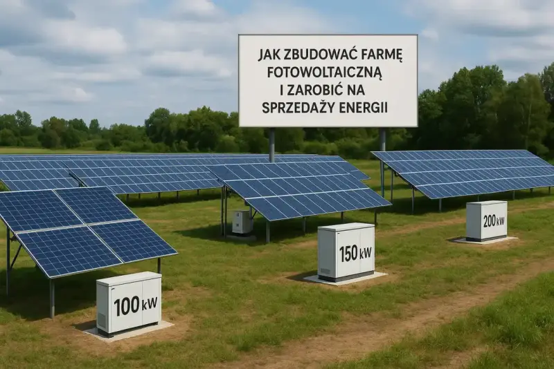 Rozległa budowa farmy fotowoltaicznej z rzędami paneli słonecznych i skrzynkami z oznaczeniami mocy. Tablica informuje o budowie farmy i sprzedaży energii.